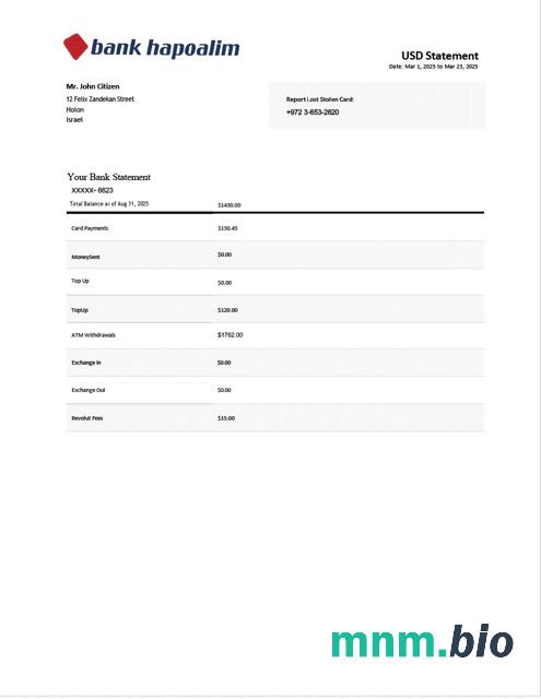 Israel Leumi wzór wyciągu bankowego w formacie Word i PDF